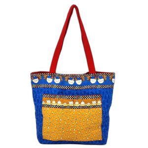 Kitschy Handmade Illustrated Chickens Hens Checkerboard Large Tote Bag Blue Red